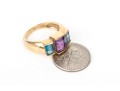 14k Yellow Gold Striking Blue Topaz And Amethyst Three Stone Ring, Size 6