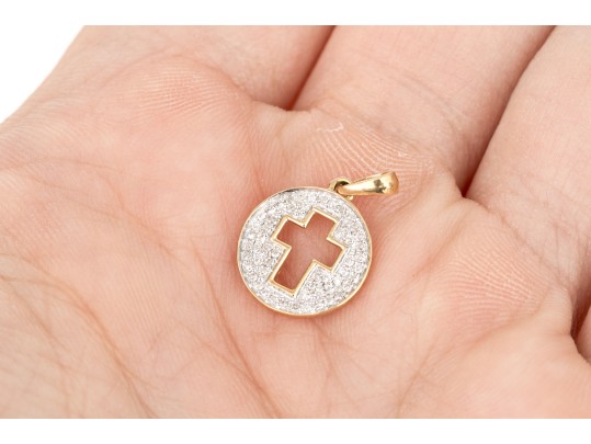 14k Yellow Gold Diminutive Pave Set Diamond And Cutout Cross Pendant
