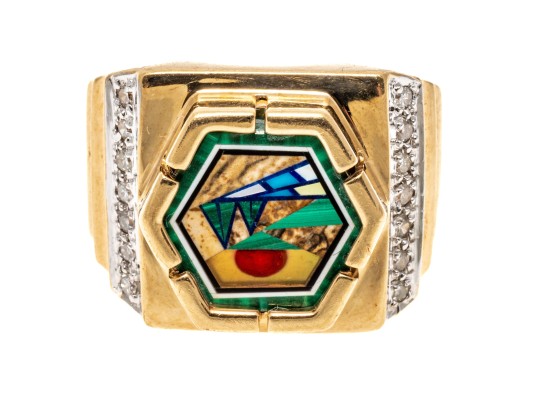 10K Broad Landscape Inlay Image Ring, Size 7.75