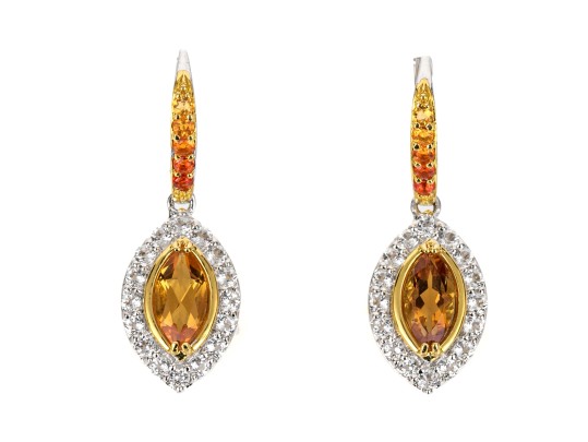 Sterling Silver Beautiful Navette Profile Yellow And White CZ Halo Drop Pendant Earrings