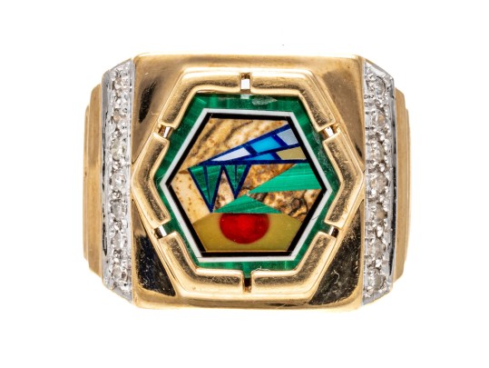 10K Broad Landscape Inlay Image Ring, Size 7.75