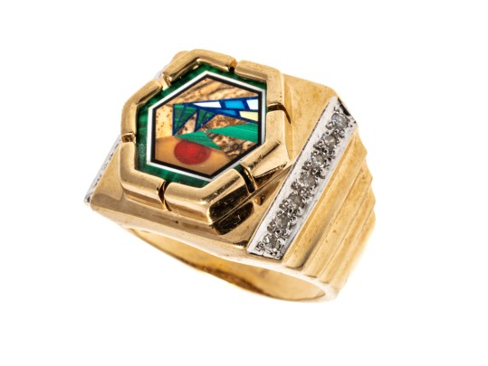 10K Broad Landscape Inlay Image Ring, Size 7.75