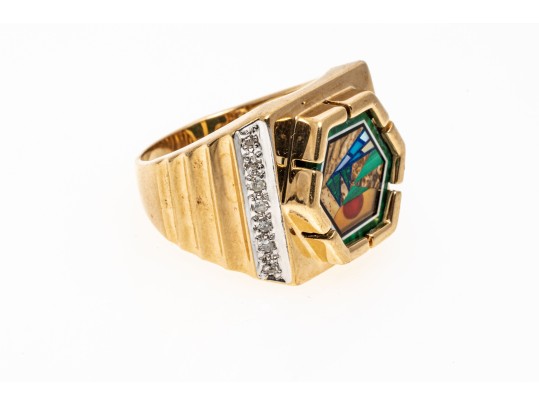 10K Broad Landscape Inlay Image Ring, Size 7.75