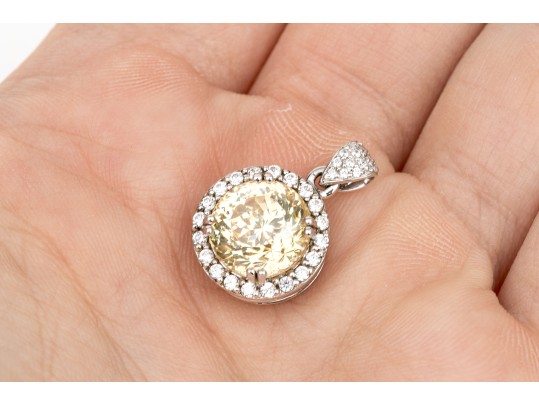 Sterling Silver Brilliant Champagne Cz And White Cz Halo Pendant
