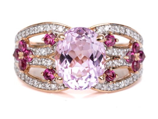 14k Rose Gold Gorgeous Pink Kunzite, Grape Garnet And Diamond Ring, Size 7, New