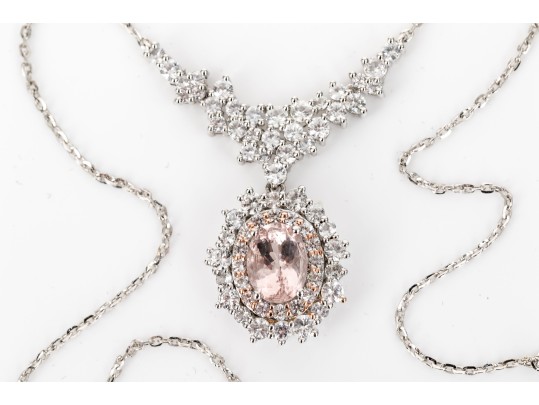 Sterling Silver And Vermeil Pretty Pink Morganite And White Topaz Halo Cluster Necklace