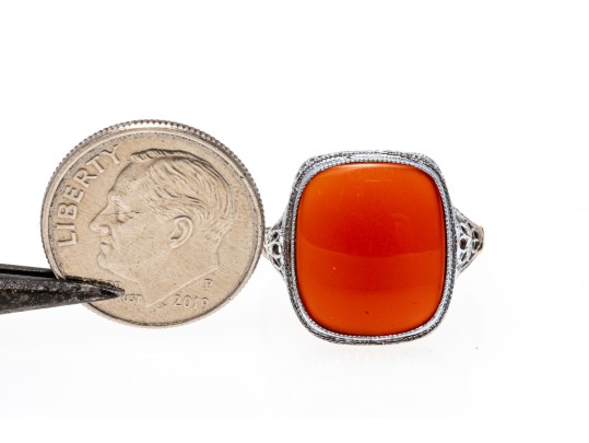 Vintage 10K White Gold And Carnelian Ring, Size 7.75