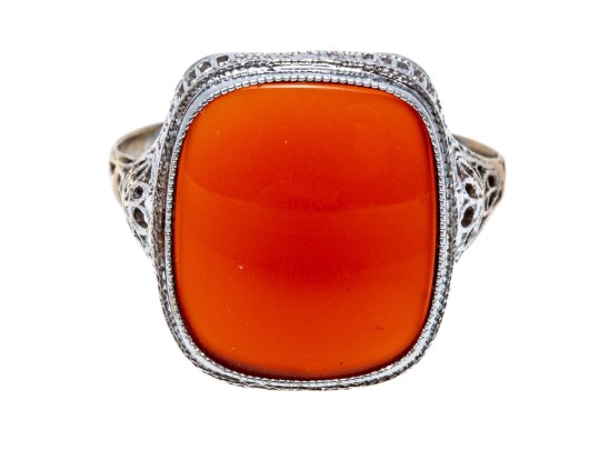 Vintage 10K White Gold And Carnelian Ring, Size 7.75
