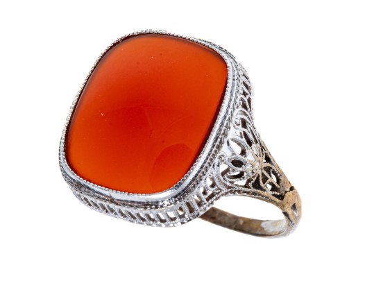 Vintage 10K White Gold And Carnelian Ring, Size 7.75