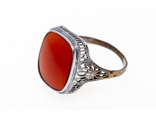 Vintage 10K White Gold And Carnelian Ring, Size 7.75