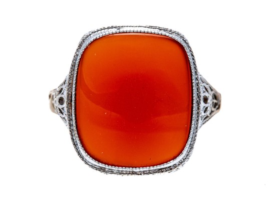 Vintage 10K White Gold And Carnelian Ring, Size 7.75