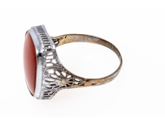 Vintage 10K White Gold And Carnelian Ring, Size 7.75