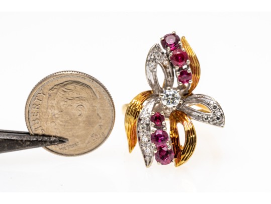 18K Dramatic Ruby And Diamond Set Flared Ring, Size 6.25+