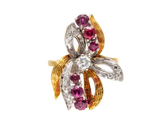 18K Dramatic Ruby And Diamond Set Flared Ring, Size 6.25+