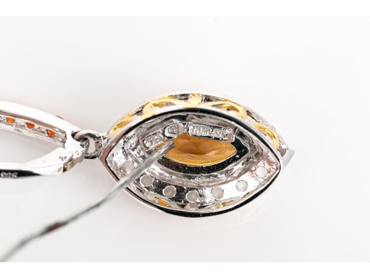 Sterling Silver Beautiful Navette Profile Yellow And White CZ Halo Drop Pendant Earrings