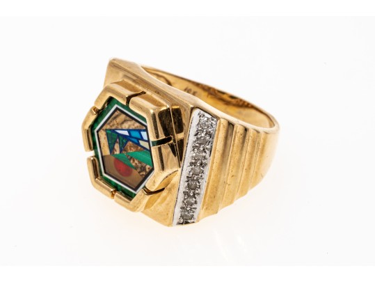10K Broad Landscape Inlay Image Ring, Size 7.75