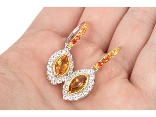 Sterling Silver Beautiful Navette Profile Yellow And White CZ Halo Drop Pendant Earrings