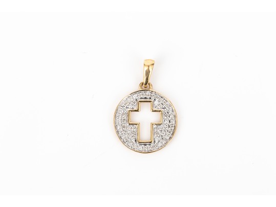 14k Yellow Gold Diminutive Pave Set Diamond And Cutout Cross Pendant