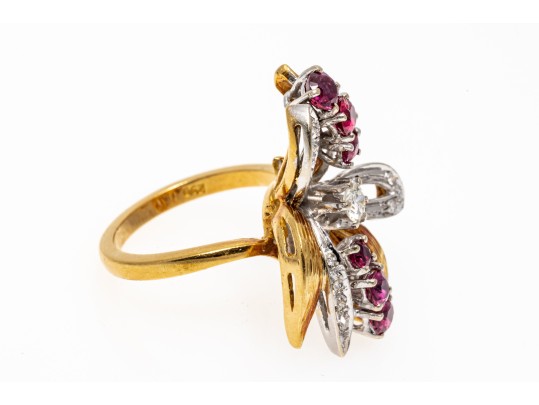 18K Dramatic Ruby And Diamond Set Flared Ring, Size 6.25+