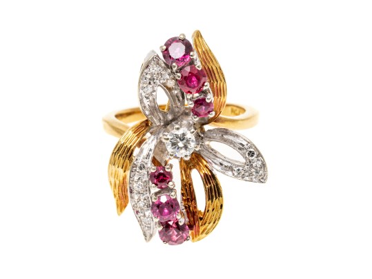 18K Dramatic Ruby And Diamond Set Flared Ring, Size 6.25+