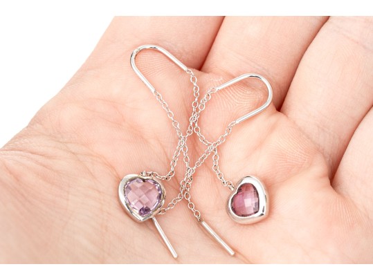 Sterling Silver Unique Pale Purple Checkerboard Heart Shaped Drop Pendant Earrings