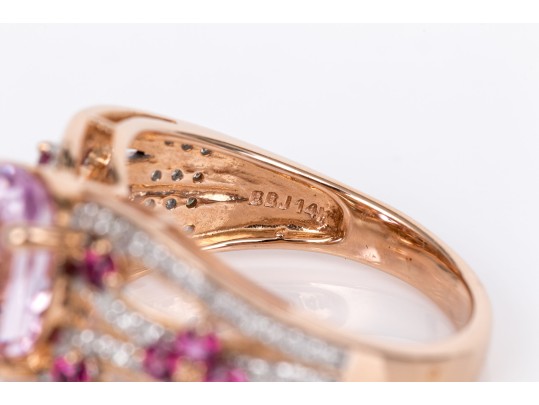 14k Rose Gold Gorgeous Pink Kunzite, Grape Garnet And Diamond Ring, Size 7, New