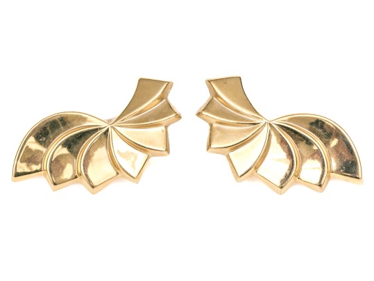 14k Yellow Gold Striking Stepped Wing Motif Style Earrings