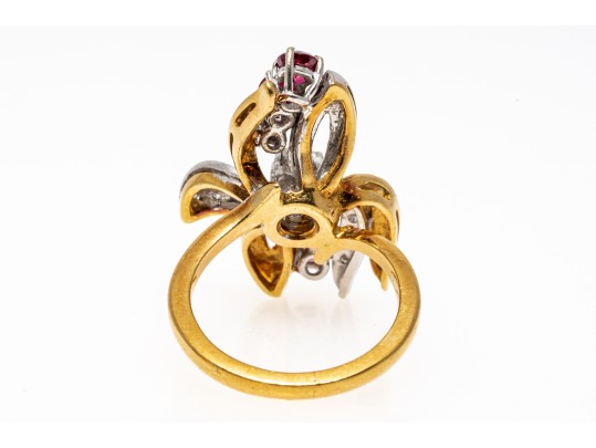 18K Dramatic Ruby And Diamond Set Flared Ring, Size 6.25+