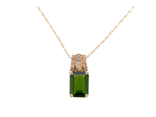 14k Yellow Gold Elegant Diamond Topped Chrome Diopside Pendant, With Chain, New
