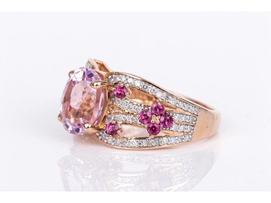 14k Rose Gold Gorgeous Pink Kunzite, Grape Garnet And Diamond Ring, Size 7, New