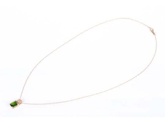 14k Yellow Gold Elegant Diamond Topped Chrome Diopside Pendant, With Chain, New