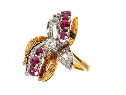 18K Dramatic Ruby And Diamond Set Flared Ring, Size 6.25+