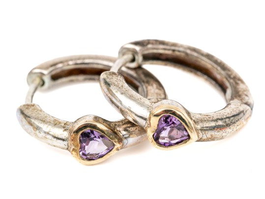 Sterling Silver And Vermeil Amethyst Heart Set Hoop Earrings