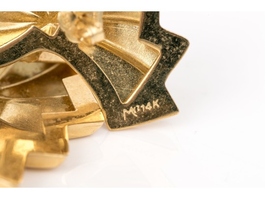 14k Yellow Gold Striking Stepped Wing Motif Style Earrings