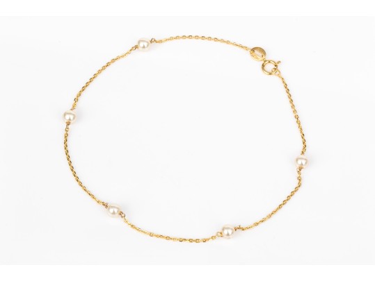 14k Yellow Gold Fine Cultured Pearl Station Bracelet/anklet, 8 1/2