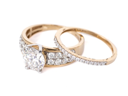 14k Yellow Gold Gorgeous Moissanite Fire Ring, Paired With A Moissanite Band Ring, Sizes 11 And 11-