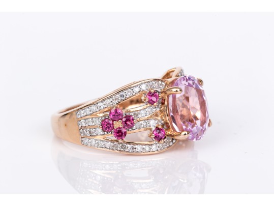 14k Rose Gold Gorgeous Pink Kunzite, Grape Garnet And Diamond Ring, Size 7, New