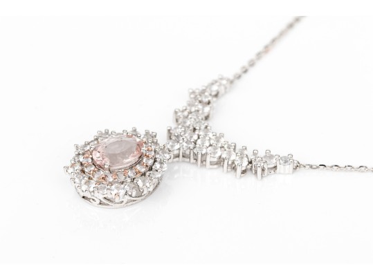 Sterling Silver And Vermeil Pretty Pink Morganite And White Topaz Halo Cluster Necklace