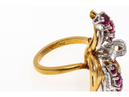 18K Dramatic Ruby And Diamond Set Flared Ring, Size 6.25+