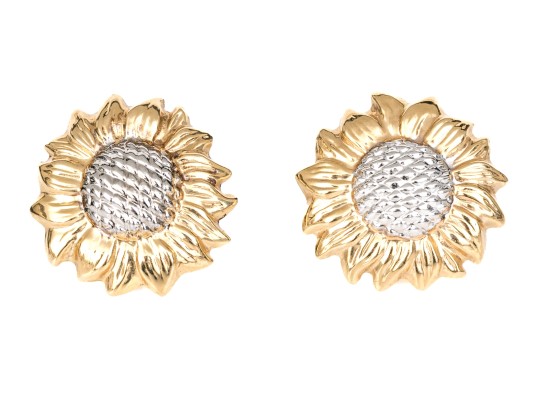 14k Yellow And White Attractive Puffed Sunflower Motif Earrings