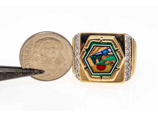 10K Broad Landscape Inlay Image Ring, Size 7.75