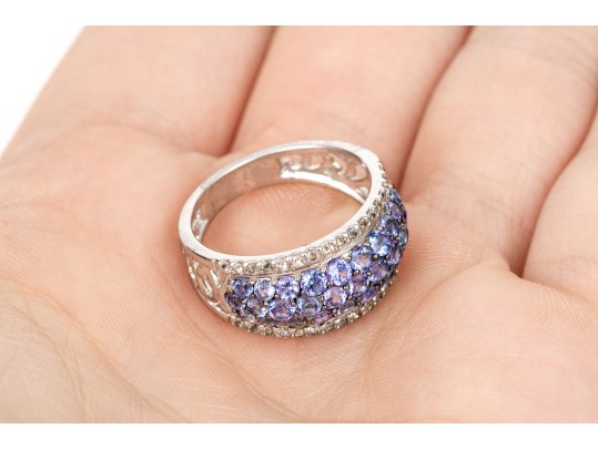 Sterling Silver Gorgeous Periwinkle Blue And White Cz Dome Ring, Size 7+