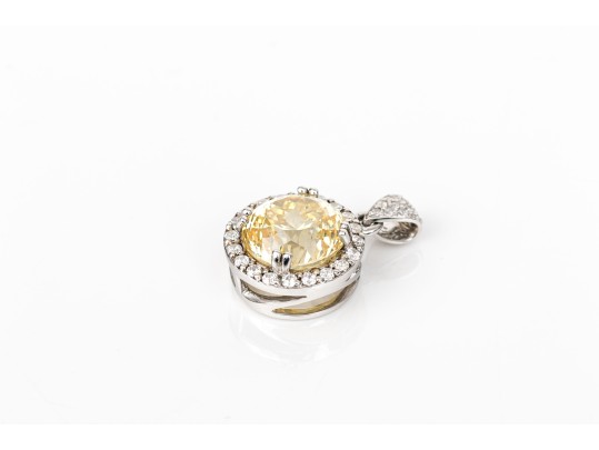 Sterling Silver Brilliant Champagne Cz And White Cz Halo Pendant