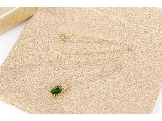 14k Yellow Gold Elegant Diamond Topped Chrome Diopside Pendant, With Chain, New