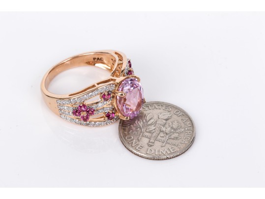 14k Rose Gold Gorgeous Pink Kunzite, Grape Garnet And Diamond Ring, Size 7, New
