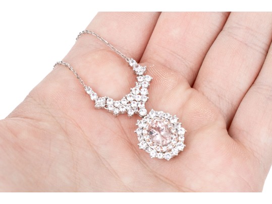 Sterling Silver And Vermeil Pretty Pink Morganite And White Topaz Halo Cluster Necklace