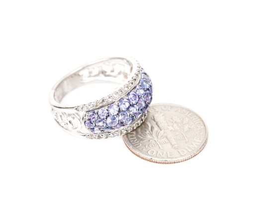 Sterling Silver Gorgeous Periwinkle Blue And White Cz Dome Ring, Size 7+