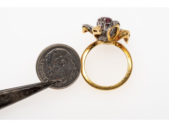 18K Dramatic Ruby And Diamond Set Flared Ring, Size 6.25+