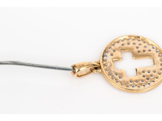 14k Yellow Gold Diminutive Pave Set Diamond And Cutout Cross Pendant