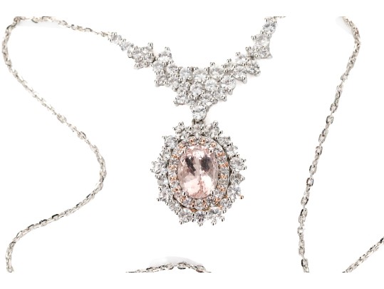 Sterling Silver And Vermeil Pretty Pink Morganite And White Topaz Halo Cluster Necklace